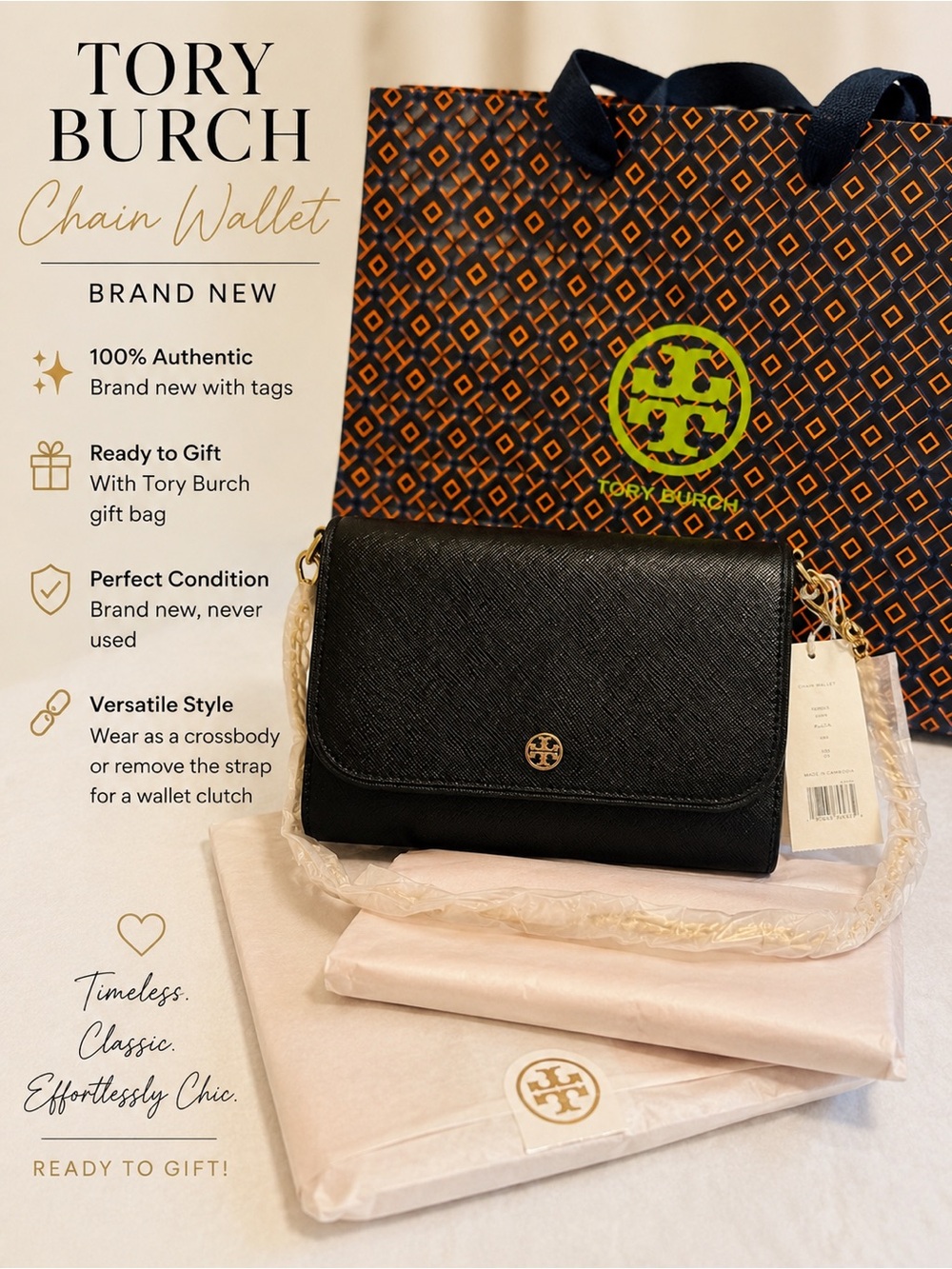 Tory Burch Black Leather Crossbody with Gold Logo